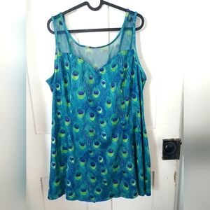 Womens Colorful Peacock Print One Piece Swimsuit Blue Green Size 24W (B)